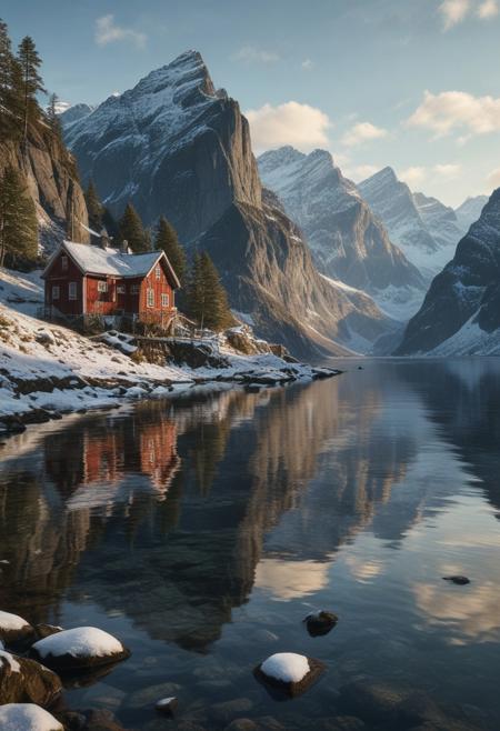 masterpiece, photorealistic, scandinavia, fjords, water, snow, mountains,  serene, peaceful, uninhabited