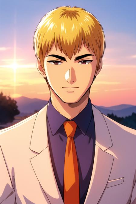 Outdoor,sunset, twilight,, Castle,red_sky,sunlight, sunrise, backlighting,cloud, cloudy_sky,mountainous_horizon, orange_sky,
Standing at attention,(Close-Up),
white_jacket,Blue_shirt,formal,collared_shirt,Red_tie,
<lora:Eikichi_Onizuka_GTO-KK77-V1:0.7>,jewelry,
blonde_hair,short_hair,bangs,
1 man, 20yo,male,Beautiful FingerBeautiful body,Beautiful Nose,Beautiful character design, perfect eyes, perfect face,
looking at viewer,evil_smile,
NSFW,official art,extremely detailed CG unity 8k wallpaper, perfect lighting,Colorful, Bright_Front_face_Lighting,
(masterpiece:1.0),(best_quality:1.0), ultra high res,4K,ultra-detailed,
photography, 8K, HDR, highres, absurdres:1.2, Kodak portra 400, film grain, blurry background, bokeh:1.2, lens flare, (vibrant_color:1.2)