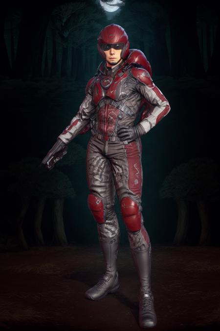 (8k, best quality,high quality clothes, masterpiece:1.2,hhgh precision skin,,rich facial texture),tr,a man in a futuristic suit with a helmet and gloves on, wearing a red and white theme,a computer generated image of a dark forest at night with a full moon in the background and trees on the ground <lora:PS2_lrm:0.75>