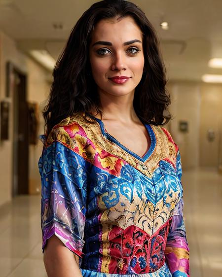 profile photo of a 30-year-old amja woman, in colorfulGota Patti Suit (Rajasthani embellished dress)  covering chest and cleavage, looking at camera, film grain, perfect eyes, beautiful bokeh <lora:amja_Amy_Jackson_SD15_LoRA_prodigy-000003:0.9>