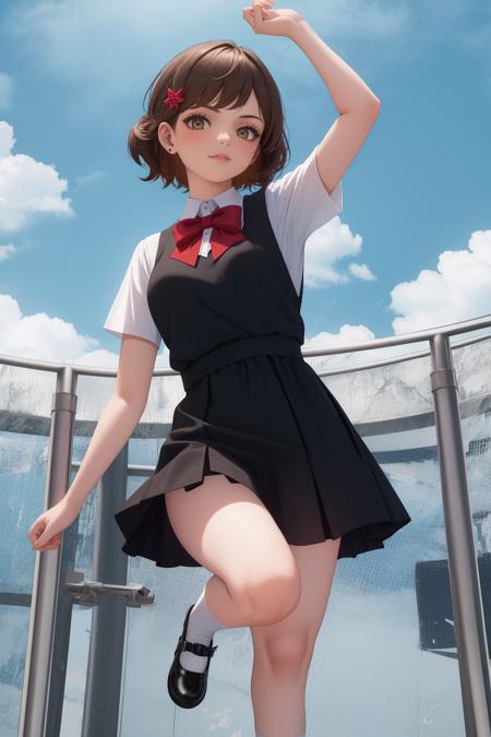 masterpiece, best quality, 1girl, solo, <lora:lass-pokemonhgss-richy-v1:1> lass, hair ornament, bow, pinafore dress, miniskirt, white shirt, short sleeves, socks, mary janes, standing, arm up, leg up,