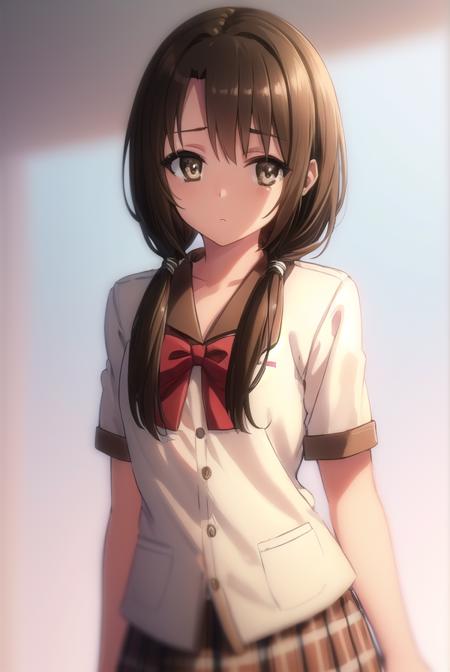 taeko hiramatsu, brown hair, twintails, (brown eyes:1.5), hair over shoulders, skirt, bow, school uniform, serafuku, plaid, red bow, brown skirt,