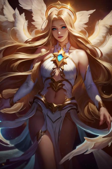 1girl, angel, angel wings, bare shoulders, blonde hair, breasts, dress, feathered wings, halo, jewelry, long hair, big breasts, white wings, wings, a beautiful woman with angel wings and a halo around her neck and a cup of tea in her hand, Epsylon Point, league of legends splash art, a detailed painting, fantasy art, (masterpiece, best quality:1.5), open belly, <lora:LaurielDivineGrace-01:1>