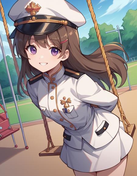 china moeka, long hair, brown hair, purple eyes, hair ornament, hat, hairclip, uniform, military, military uniform, peaked cap, naval uniform, white uniform,