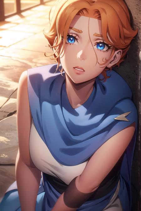 sypha, short hair, blue eyes, orange hair, cape, blue cape,