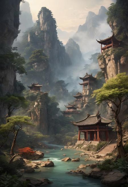 Envision a serene and tranquil idyllic retreat nestled within the ethereal beauty of ancient Xianxia-themed mountains, where misty clouds delicately wrap around the peaks, creating an otherworldly atmosphere. The landscape is dotted with ancient architecture, reflecting the elegance and refinement of a cultivation sect's stronghold. Here, mystical energy flows through enchanted forests, where immortal mountains and rivers harmonize with the natural world, fostering an environment perfect for the pursuit of martial immortality. The scene is populated with mystical creatures, adding a touch of wonder and magic to this Chinese ancient Xianxia-themed paradise., Don't be real, oil painting, done with japanese brush technique, realistic, extreme detail, scary, terrifying, dark and warm environment, 8k, looking at viewer, looming, Comic style
<lora:add-detail-xl:1> <lora:xl_more_art-full_v1:0.5>  <lora:looking_at_viewer:2>