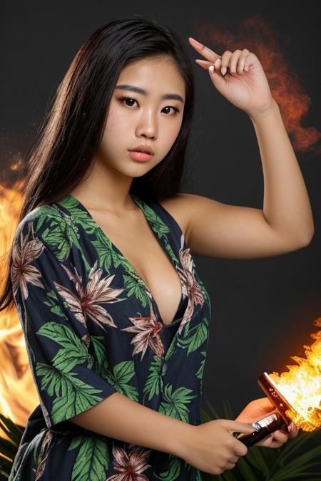Realistic sexy Hawaiian girl holding a magical fireball