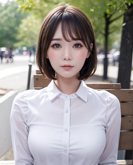 pureerosface_v1:0.03, best quality, photorealistic, 8k, high res, full color, 1girl, woman, 20 years old woman, (closed mouth:1.73), (skindentation), (portrait:0.6), trees, park bench, daylight, ((park background:1.52)), full color, ((buttonedwhiteshirt:1.58)), looking at viewer:1.8, (1girl eyes looking at viewer:1.55), (medium hair, brownhair, sweptpartedbangs:1.45), (bokeh), <lora:AAV-miru:0.64>