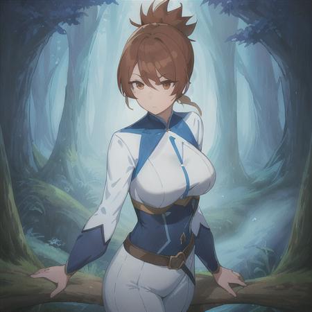 a woman, forest, blue sleeves and white outfit,very short ponytail, brown belt, standing <lora:marc1:0.7>, perfect resolution, illustration, dota dragon's blood style