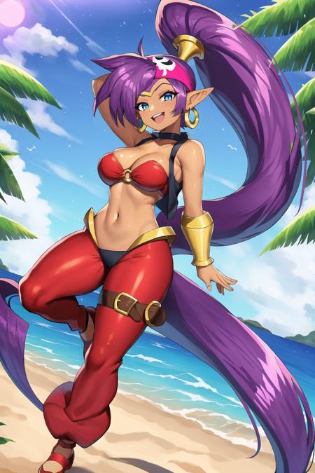 shantae \(pirate\), 1girl, solo, one eye closed, pointy ears, purple hair, smile, navel, dark skin, dark-skinned female, blue eyes, long hair, jewelry, open mouth, earrings, beach, very long hair, ;d, outdoors, harem pants, looking at viewer, pants, cleavage, o-ring, arm up, large breasts, choker, vest, o-ring top, ponytail, red footwear, bandana, stomach, midriff, high ponytail, bracer, bare shoulders, collarbone, thigh strap, red pants, shoes, open vest, vest, <lora:Shantae:0.75>