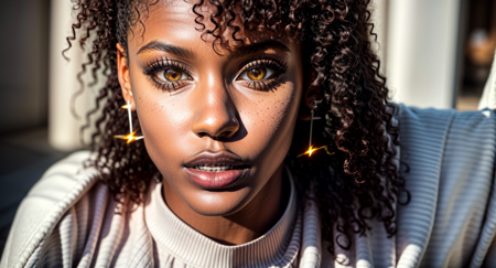 <lora:jordan_coleman-10:1>, jordan_coleman, masterpiece, high quality, highres, (realistic:1.2), hyperrealistic, ultra-detailed, short curly hair, beautiful eyes, earrings , white sweater,<lora:more_details:1.5> face, solo focus, inticate details, (ambient lightning:1.4), face close-up, 