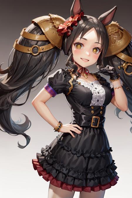 (masterpiece, best quality:1.2),  <lora:umamusume_marveloussunday-10:0.8>, cowboy shot, solo, 1girl, marvelous sunday \(umamusume\), smile, looking at viewer, hand on hip, black hair, twintails, hair ornament, +_+, secondary outfit, black frilled dress