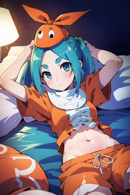 1girl, female, solo, yotsugi_ononoki, (ononokihat), hat, <lora:zaadyotsugi-v1:0.7> short_hair, eyes, twintails, white_shirt, pajamas, shorts, laying, on_back, bed, pillow, detailed:1.4, background, hdri, 4k, masterpiece,
day, room, indoors, navel, plush, arms_up, POV, lamp