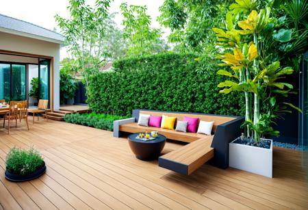 <lora:åº­77:1>,wood deck,plant,bamboo,tree group,magnificent_architecture,house,bush,flower,tea,couch,