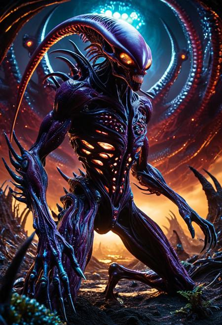 Concept: grotesque, magnificent, bio-mechanical, organic, alien, predatory, living, evolving, terrifying, beautiful.
Core Elements: DonMX3n0, creature, organic growth, metallic parts, alien, hunter, intricate, pulsating light.
Atmosphere/Mood: imposing, mysterious, unsettling, powerful, ancient, eerie, captivating, sublime, chaotic, awe-inspiring.
Setting Details: desolate alien planet, crimson sky, strange flora, shifting ground, ambient hum.
Central Figure Details: colossal predator, body of hardened, chitinous plates, interwoven with glistening metallic veins. Limbs are powerful bio-mechanical constructs. Head a terrifying fusion of organic and metallic elements, with multiple glowing eyes and razor-sharp, bone-like teeth. Pulsating organic membranes on its flanks. Spikes and grotesque protrusions. Moves with unsettling grace.
Lighting: ominous, pulsating internal glow, harsh spotlights, deep shadows, alien sky casting strange hues, eerie reflections.
Composition: medium shot, low angle, dynamic pose, shallow depth of field, centered figure, epic framing, detailed.
Color Palette: deep purples, murky greens, bruised reds, obsidian blacks; pulsating neon blues, electric yellows, metallic silvers, glowing oranges. Dark, rich, high contrast, otherworldly.
Quality: photorealistic, ultra detailed, intricate textures (chitin, metal, flesh), cinematic atmosphere, visually striking, hyperrealistic, artistic, creature, sci-fi horror, fantastical, biomechanical.