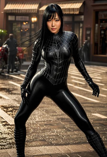 score_9, score_8_up, score_7_up, best quality, realistic, masterpiece, beautiful detail, hyperrealistic, cafe, ((1girl, woman body, huge breasts)), amazing detailed full body portrait of a beautiful japanese girl, wearing a realistic and highly detailed black raimi spider-man suit, ((huge muscular girl)), professional model wears ultra - detailed and grained black raimi spider - man suit, suit covered entire body and hand, black spiderman gloves, wet, (full body), (elegant pose), sweet smile, black hair, octane render, highly detailed, volumetric, dramatic lighting, (highest quality:1.1), (HDR:1.3), (top quality, best quality), realistic, high definition, Expressionism - sharp focus, professional photography, masterpiece, ultra detailed photograph, high quality, 8k,
