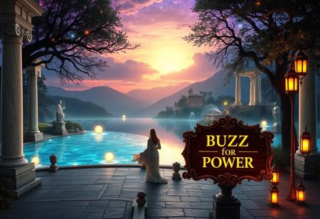 A mystical landscape at twilight, centered around a glowing crystal lake reflecting vibrant nebulae and distant galaxies. Grand marble columns and statues reminiscent of Italian architecture line the shores, adorned with glowing vines. Towering bioluminescent trees with ornate branches softly illuminate the scene, while terraced villas and cascading fountains, inspired by Tuscany, rise in the distance. Iridescent mountains blend with the luminous clouds above, creating a dreamlike horizon.
In the foreground, a figure in flowing robes reminiscent of Renaissance nobility stands on a stone piazza leading to the lake. Around them, floating orbs of light and ancient runes circle as they weave a magical spell. Nearby, an elegant wooden sign made from polished mahogany, with intricate scrollwork and gilded edges, reads ‘BUZZ for POWER’ in glowing calligraphy, perched atop a stone pedestal. Golden lanterns sway in the gentle breeze, adding warmth to the serene atmosphere. The entire scene is a fusion of otherworldly beauty and timeless Italian elegance, where nature, art, and magic blend in perfect harmony