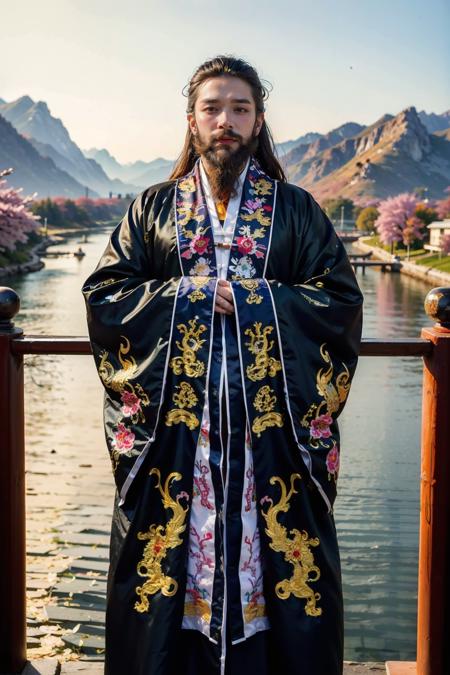 ((masterpiece), (best quality), ultra high res, (raw photo:1.2), (photorealistic:1.4), Exceptional detail, dramatic lighting, highres,   8k, absurdres,  1boy, Chinese, (Daoist_robe:1.3), black daoist_robe, outdoor, Chinese Ancient ,  looking at viewer, landscape, cherry blossom,  <lora:Daoist_Robe-000005:0.65>,  
ulzzang-6500:0.7, 
<lora:locsChinaLandscapes_locsChinaLandscapes:0.55> chinese, mountains, ancient chinese style landscape painting, mountains in front, beautiful winding green river behind, high line detail, high resolution, ultra high quality,  epic composition, cinematic lighting, masterpiece, bold complimentary colors <lora:Chinese_Long_Beard_v2-000002:1> chinese long beard,