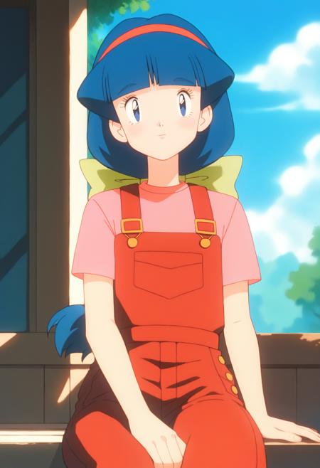 PMMelanie, aged up, blue eyes, blue hair, braided ponytail, blunt bangs, red hairband, green bow, short sleeves, shirt, red overalls, pink shirt, yellow footwear,