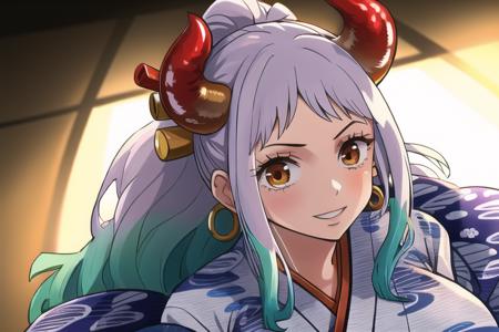 yamatowanpi,(best quality:1.0),(highly detailed:1.0),(1girl:1.3),sfw,28years old,shiny skin, shiny hair, tall female,  huge breasts,yamato \(one piece\),sideboob, multicolored hair,
kimono,pov,