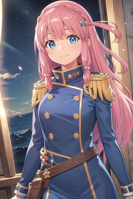 neiookawamura, <lora:nei ookawamura manga-lora-nochekaiser:1>,
nei ookawamura, long hair, blue eyes, hair ornament, pink hair, braid, smile,
BREAK gloves, boots, belt, skirt, uniform, military, military uniform, epaulettes,
BREAK outdoors, space, starry sky, star \(sky\), moon,
BREAK looking at viewer, (cowboy shot:1.5),
BREAK <lyco:GoodHands-beta2:1>, (masterpiece:1.2), best quality, high resolution, unity 8k wallpaper, (illustration:0.8), (beautiful detailed eyes:1.6), extremely detailed face, perfect lighting, extremely detailed CG, (perfect hands, perfect anatomy),