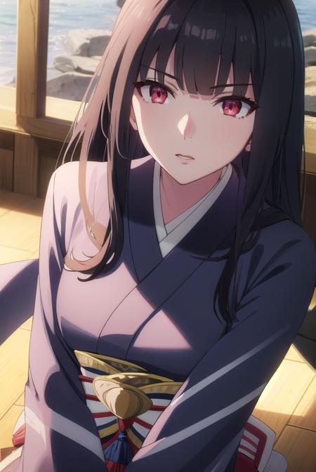 tateglass, <lora:tate glass s1s2-lora-nochekaiser:1>,
glass, long hair, bangs, black hair, blunt bangs, hime cut, (red eyes:1.3),
BREAK japanese clothes, wide sleeves, kimono, sash, obi, black kimono, lipstick,
BREAK outdoors, forest, nature, sky, sun, clouds,
BREAK looking at viewer, (cowboy shot:1.5),
BREAK <lyco:GoodHands-beta2:1>, (masterpiece:1.2), best quality, high resolution, unity 8k wallpaper, (illustration:0.8), (beautiful detailed eyes:1.6), extremely detailed face, perfect lighting, extremely detailed CG, (perfect hands, perfect anatomy),