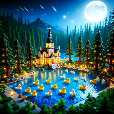 (masterpiece:1.2), (best quality:1.2),(absurdres:1.2),(very aesthetic:1.2),high quality,high score, great score,newest, ambient occlusion,general, soft shadows,cinematic lighting, dynamic lighting,aidmaImageUpgrader, max details,BREAK,duck(made of lego), multiple ducks, solo focus, depth of field,outoors,florest, lake, moss,pine tree,night, moonlight, detailed background, blur background