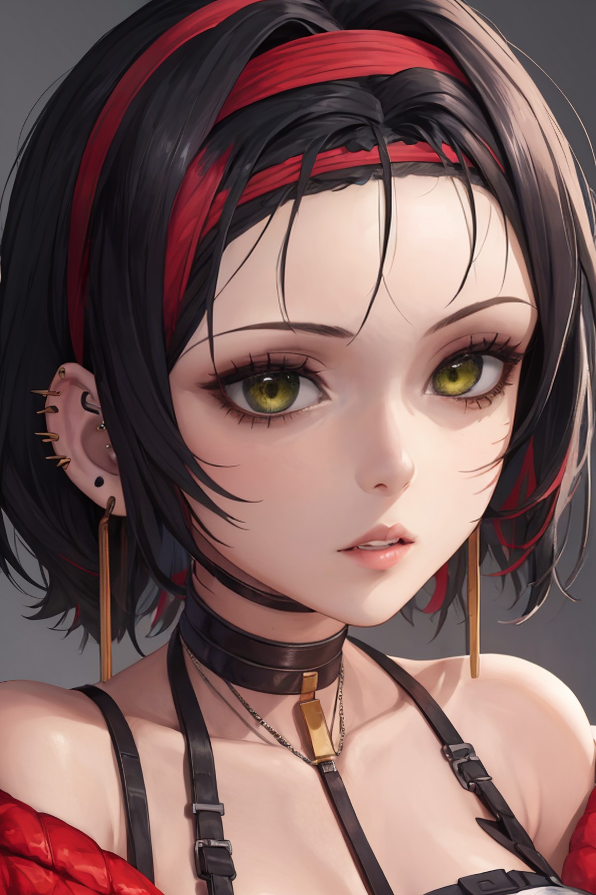 masterpiece, best quality, 1girl, solo, parted lips, <lora:crow-nikke-richy-v1:1> nikkecrow, off shoulder, jacket, choker,...