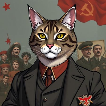 Create an anthropomorphic cat character with facial features and attire resembling Stalin. The cat should exude a sense of authority and power, evoking the demeanor of a leader. The character should be depicted in a bold and striking manner, capturing the essence of Stalin. on the background some communist images
