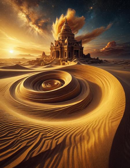 Golden hour, nebula, stardust, sandswirl, ancient ruins emerging from sand, forgotten city  <lora:SandSwirlLoRa:0.8>
