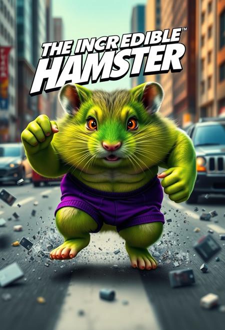 "Create a hyper-realistic image of a hamster wearing the iconic purple shorts of the Incredible Hulk, smashing through a city street. The hamster's fur is a vibrant green, and its eyes are a piercing yellow. The hamster's tiny paws are clenched into fists, and its cheeks are puffed out with rage. Cars and debris are scattered everywhere, and the background is a blur of motion. The title 'The Incredible Hamster' is emblazoned across the top of the image in the iconic Marvel style, complete with a bold, comic book font. Style: hyper-realistic, action-packed, and humorous, with a focus on capturing the absurdity of a hamster in Hulk's iconic shorts wreaking havoc on the city."