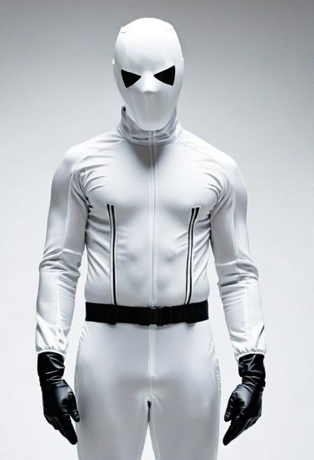Imagine the enigmatic (mystery man) in his faceless guard uniform, donning an enclosed mask and gloves that he never removes, embodying a sense of vigilance and secrecy. The uniform, seamless without openings or closings, signifies a lifetime commitment to his enigmatic role. Visualize him in a (secure, fortress-like environment:1.2), his identity perpetually hidden by the mask and gloves, alluding to a lifetime dedicated to guarding secrets and maintaining his mysterious persona, depicted in a detailed full-body composition.
