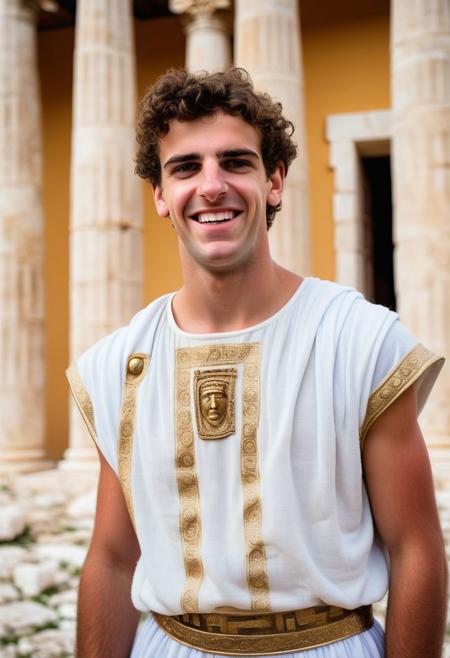 portrait of a 18 year old Roman boy, short height, wearing greek clothes, amused expression, greek architecture in the background