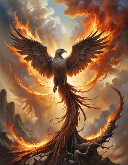 (by Alex Alemany:1.5), (Amidst the ashes of destruction, a Phoenix rises, its fiery rebirth a symbol of resilience and renewal, a beacon of hope in the darkest of times.:0.5)