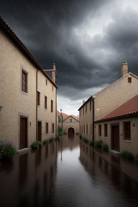 scenery, conceptart, A highly detailed portrait of a medieval village, during a rainstorm with a cloudy sky, masterpiece, best quality, intricate detail, absurdres, chromatic aberration, depth of field, soft lighting, tone mapped, highly detailed, artstation, concept art, smooth, sharp focus, dramatic lighting, highly detailed artwork, cinematic, trending on Artstation, 8K, incredible shadows, (highly detailed background:1.0)