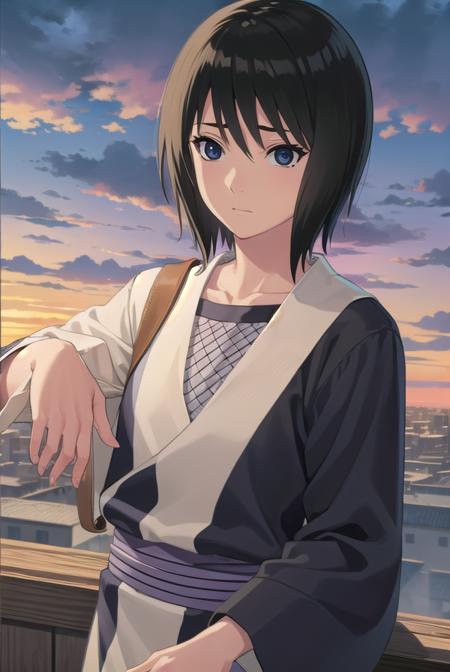 kunoichishizune, <lora:kunoichi shizune-lora-nochekaiser:1>,
shizune, short hair, black hair, (black eyes:1.3),
BREAK long sleeves, collarbone, japanese clothes, fishnets,
BREAK outdoors, forest, nature, trees, grass, sky, clouds, sun,
BREAK looking at viewer, (cowboy shot:1.5),
BREAK <lyco:GoodHands-beta2:1>, (masterpiece:1.2), best quality, high resolution, unity 8k wallpaper, (illustration:0.8), (beautiful detailed eyes:1.6), extremely detailed face, perfect lighting, extremely detailed CG, (perfect hands, perfect anatomy),