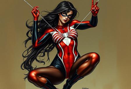 Generate an image of Spider-Woman in the style of Tom Bagshaw, with a crossover of Gustave Dore's attention to detail and Artgerm's vibrant colors. She should be holding a web, still in its package, with a focus on her 'crazy high definition' and 'lifelike details.' Emphasize her 'good hips and sexy long legs' while wearing boots. Ensure the image is 'ultra beautiful,' 'ultra photo-realistic,' and 'luxury' in quality, with'micro details' and'symmetrical features.' Incorporate elements of 'Cryptid Academia' and 'augmentation' with a touch of the 'cursed.' The image should be split in half and have an 'ebony' tone, with an overall 'joyful' atmosphere. The style should blend the characteristics of Cedric Peyravernay, Peter Mohrbacher, William-Adolphe Bouguereau, and Frank Frazetta.