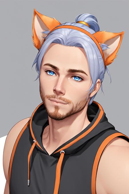 Roiadan Vanzey,  solo,  looking at viewer,  short hair,  blue eyes,  gruff,  two tone hair,  orange hair,  grey hair,  streaked hair,  animal ears,  brown eyes,  male focus,  sleeveless,  cat ears,  facial hair,  portrait,  beard, <lora:EMS-43353-EMS:0.400000>