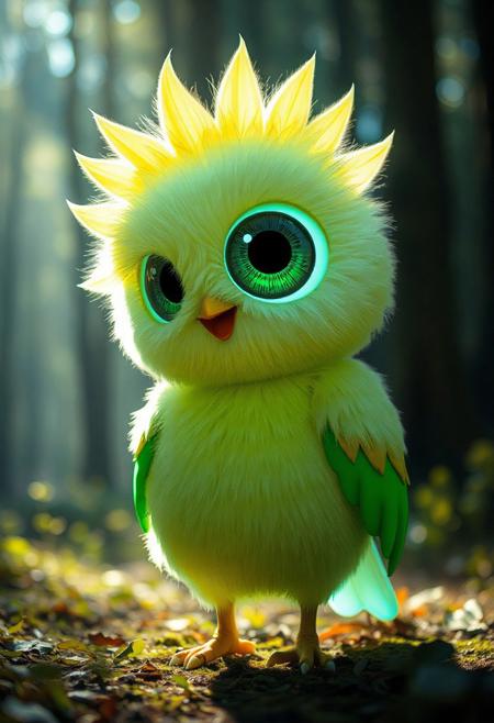 JNANX,luminous white silhouette,cyan glow,emerald highlights,flickering outline,dreamlike movement,
A Banksy-style. a cute adorable anthropomorphic eyeball monster dress like a parrot, round body, plump kiwi shape, fluffy fur, forest, sunlight, soft natural light. 
cute, big-eye, adorable, brightly colored, cheerful, anime influence, naughty face, laughing, happy, playful, cheerful, bright, vibrant, light-hearted,  
characters, digital, fantasy, illustration, manga-anime, portraits, whimsy, 
3d-rendering, concept-art, digital, dreaminess, 
eeriness, photorealism, other-worldliness, realism, science-fiction, surreal, colorful, 
aidmafluxpro1.1