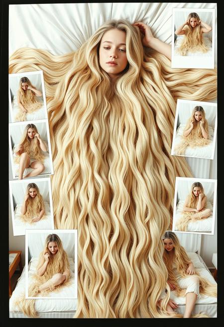 montage of several poloroids cut and pasted together. Photos are in many poses and the actions of of a young woman with extremely long, thick, voluminous, light-colored hair, that is many times longer than they are tall. She is in a big bed and even if she spreads out she is does not need clothing since her hair covers their arms, legs, shoulders, head, face, feet, and waist completely. She lifts armloads of very long hair. the longest hair ever seen covers her bed and there is lots of long hair on the ground. She loves her excessive fuzzy, furry, voluminous, gigantic excessive amount of hair.