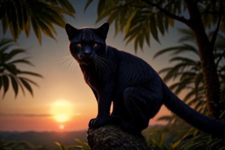 black panther on tree in jungle, sunset
