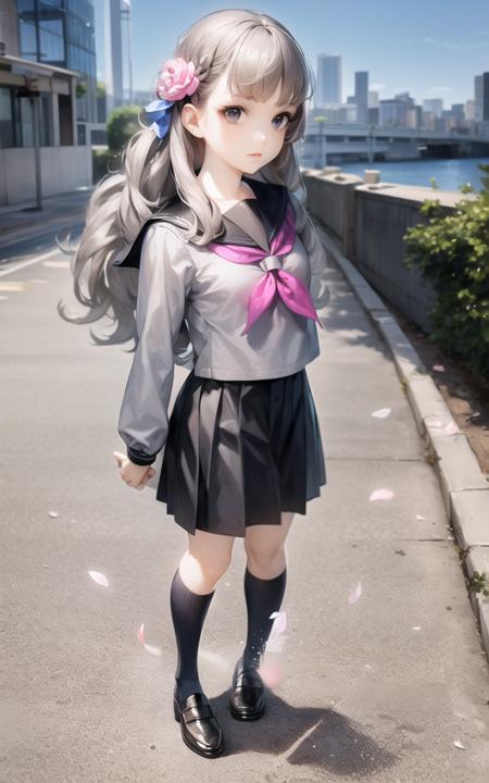 masterpiece, best quality,fuyusaka iori 1, 1girl, solo, hair flower, school uniform, hair ornament, flower, skirt, long hair, socks, serafuku, shoes, kneehighs, full body, loafers, pleated skirt, black socks, black skirt, grey hair, white flower, standing, grey eyes, outline, arm behind back, long sleeves, looking at viewer, highly detailed city background