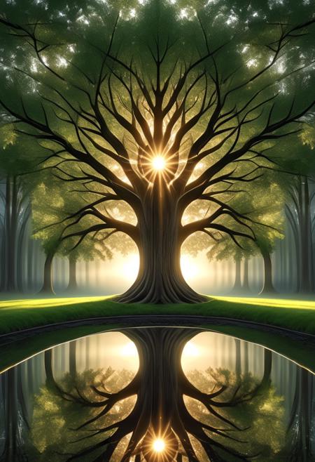 aesthetic, masterpiece, beautiful, elegant, award winning, absurdres, hdr, best quality, hyper detailed,
tree, smooth lines, clean, reflective light, aura 
symmetrical, RetroBG