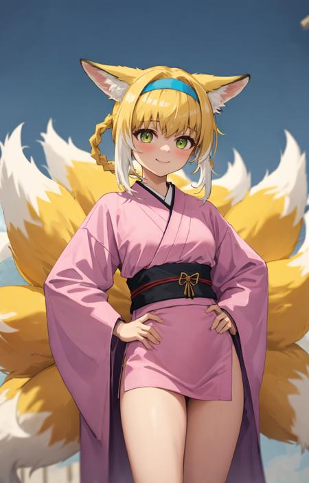 1girl,suzuran \(arknights\), arknights, green eyes, animal ear fluff, blonde hair, hairband, braided hair rings, fox ears, fox girl, fox tail, kitsune, multiple tails, hair rings, pink kimono, hand on own hip,
a cute fox girl posing in front of epic scenery, she is happy and calm, revealing and teasing yet SFW