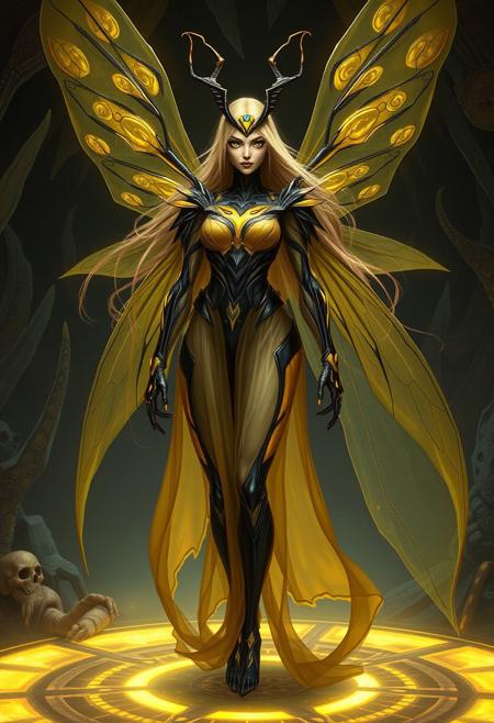 (masterpiece, best quality), Vesperia from Primal Hunter, humanoid vespernat queen, tall and commanding female form, approximately 2.3 meters tall, long flowing golden hair, black eyes with radiant yellow irises, yellow and black antennae rising from her forehead, sheer wasp-stripe dress in alternating translucent yellow and black, dress flowing elegantly around her limbs, chitinous yellow-and-black accents peeking through the fabric like armor, regal and alien beauty, lean muscular proportions with insectoid undertones, graceful four-fingered hands, soft bioluminescent glow in yellow highlights, high fantasy science fiction setting, faint humming from vestigial wings under her dress, standing on a raised bioluminescent platform in her hive, dignified, elegant yet unnerving presence, aura of psionic command, digital painting, highly detailed concept art, fantasy xenoqueen, by greg rutkowski and wlop