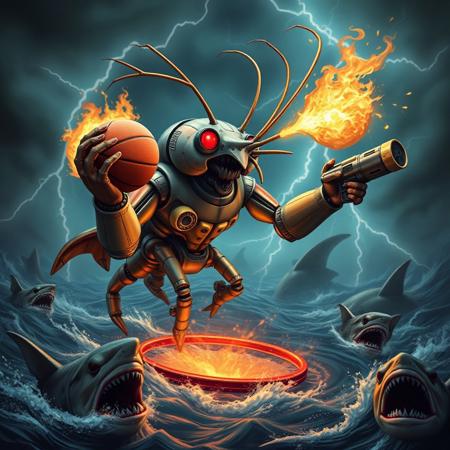 An ultra muscular robotic shrimp with giant muscles and red eyes in a raging ocean during a lightning storm surrounded by mutant sharks, throws a flaming bucksketball into a ring with one hand and holds a futuristic bazooka in the other hand
