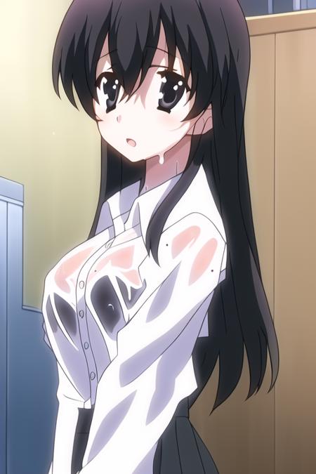 1girl, solo, long hair, shirt, upper body, white shirt, black eyes, dress shirt, indoors, school uniform, bra, black hair, looking at viewer, collared shirt, hair between eyes, long sleeves, wet shirt, <lyco:schooldaysLora:1>, schooldays,