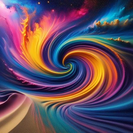 swirling sand, a colorful galaxy, High quality, masterwork, tranquil chaos