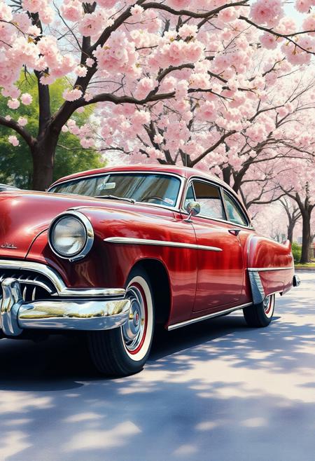 Visualize a hyperrealistic watercolor painting of a vintage car parked on a quiet street lined with blooming cherry blossom trees. The composition should meld the reflective surfaces and precise details of Pedro Campos, the nostalgic feel of Ralph Goings, and the delicate touch of Elizabeth Patterson’s pastel work. Emphasize the contrast between the shiny, polished metal of the car and the soft, delicate petals of the blossoms. Techniques like watercolor wash, ink splatter, and pointillist manipulation should be used to create a harmonious blend of textures and colors. The lighting should be soft and natural, enhancing the overall nostalgic and serene mood.