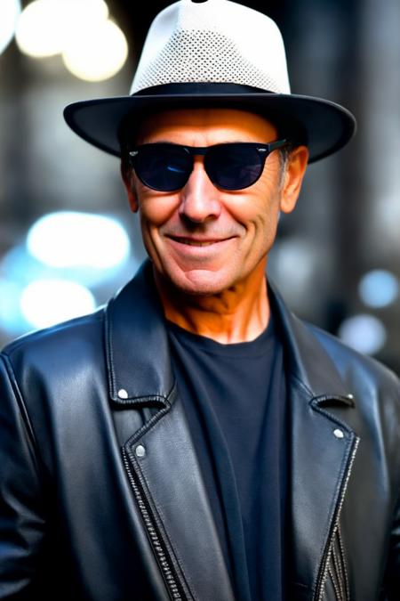 portrait of sks man (skai:1) in the street with a black leather jacket with dark glasses and hat, very detailed face, high quality, in the night, 8k  <lora:skai:1>